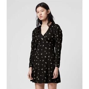 All Saints‎ Rosi Bamboo Dress Mini Long Puffed Sleeves Embroidered Vneck Black 4